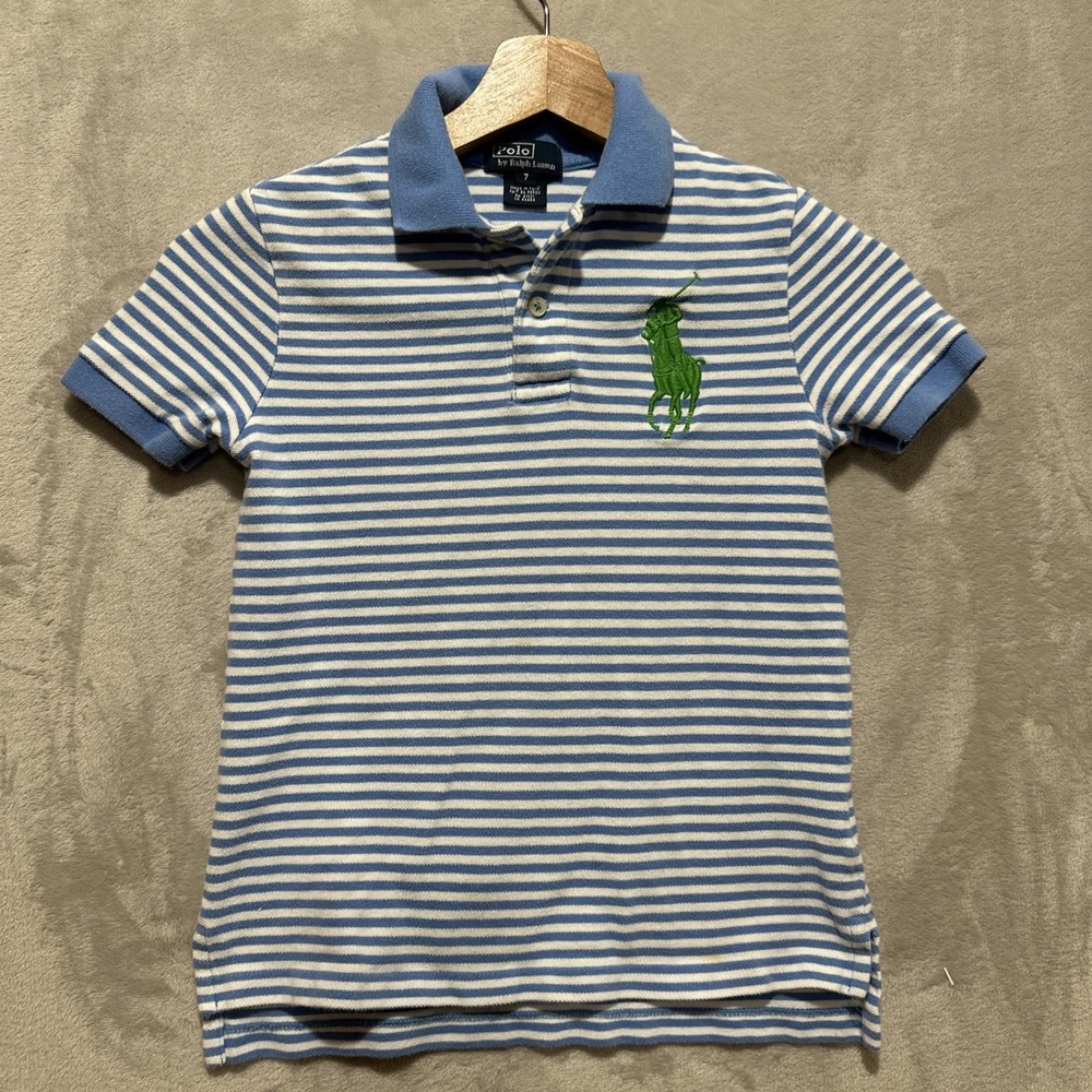 Polo Ralph Lauren Kids‎ Blue & White Stripe Short Sleeve Polo Shirt Size 7